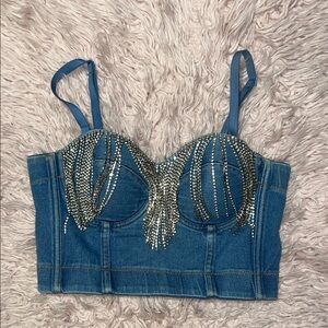 Denim Rhinestone Fringe Corset Top – Size Small – Y2K Baddie